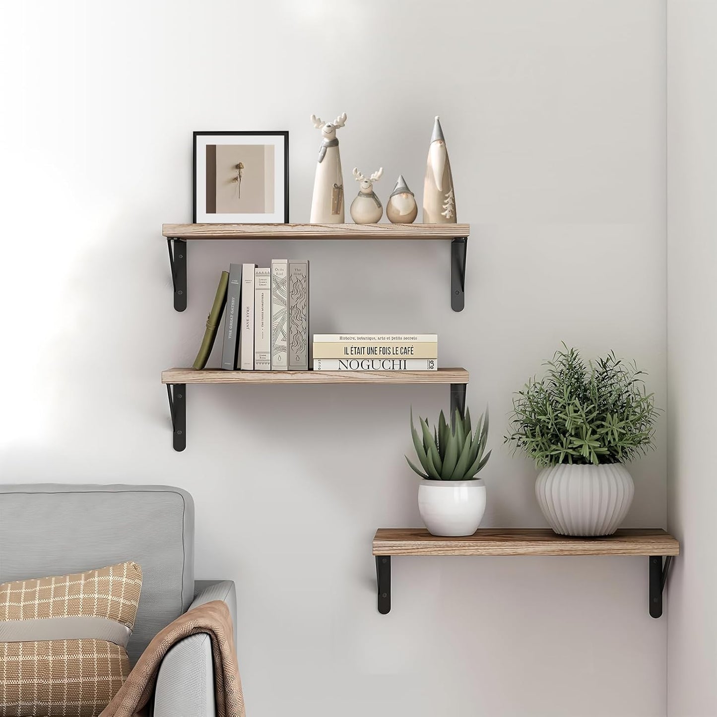 Wood Floating Shelves for Wall Set of 3, Floating Shelves with Storage, Shelves for Room Wall Decor for Bedroom, Bathroom, Living Room, Office (Brown, 16.5")