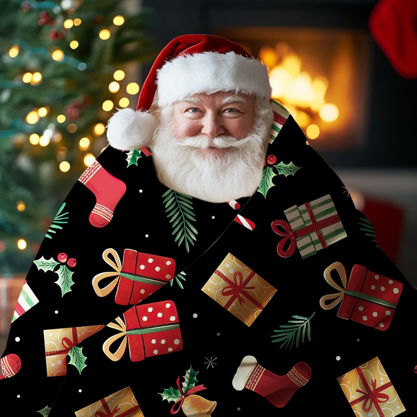 Black Flannel Throw Blanket, Xmas Candy Cane Stocking Jingle Bell Holly Berries Birthday Present for Kids Men Women, Winter Holiday Soft Blankets for Bedding Sofa 50 x 60 Inches