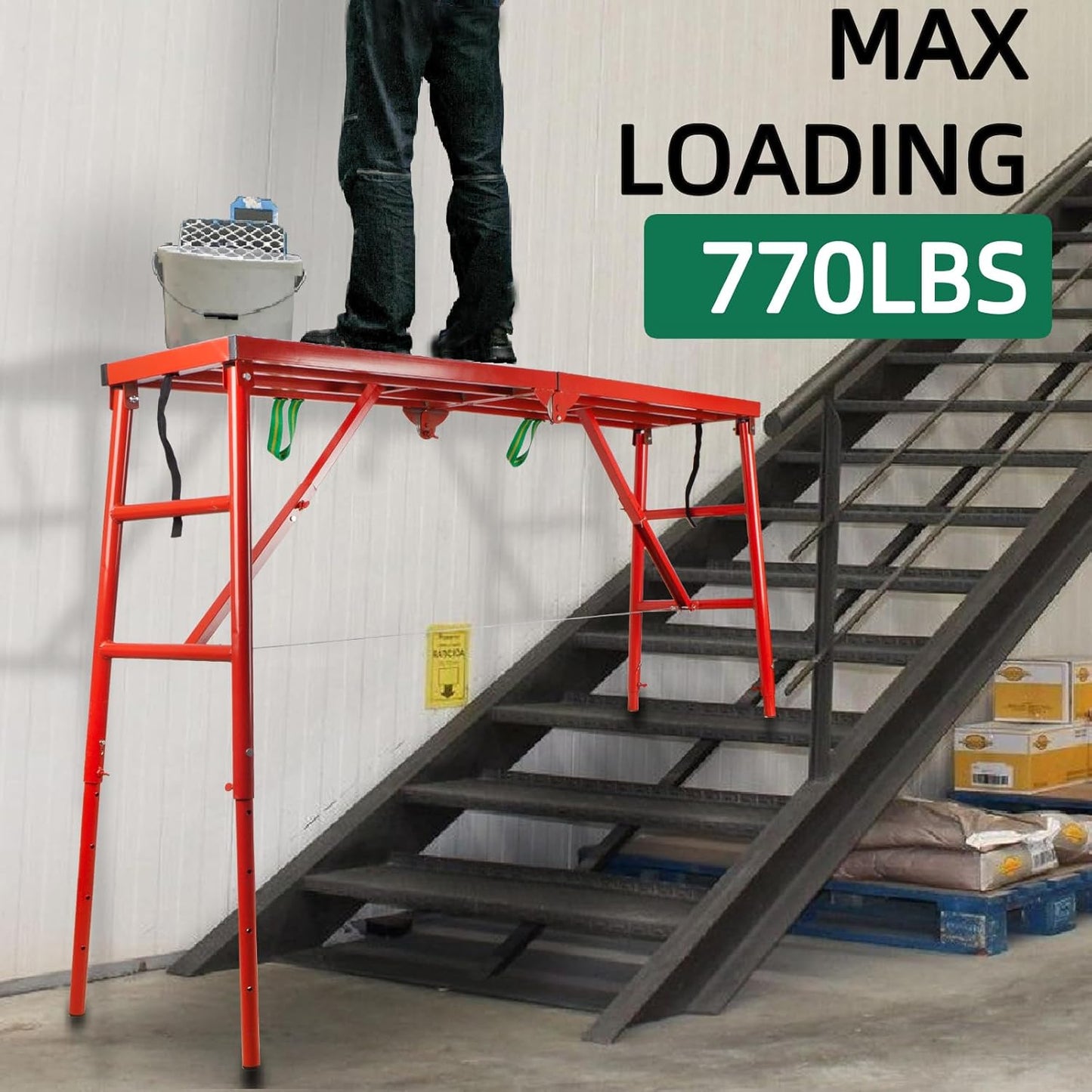Folding Scaffolding Platform, 71(L) x15.7(W) x51(H)''770 Lbs, Adjustable Steel Industrial Step Ladders, Portable Heavy Duty Work Platform for Construction Sites and Renovations