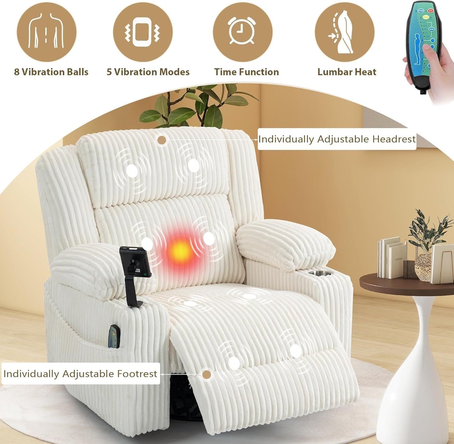 Power Oversized Swivel Rocker Recliner Chair with Dual Motor Adjustable Headrest Glider Rocking Chairs with Vibration and Heat for Home Furniture