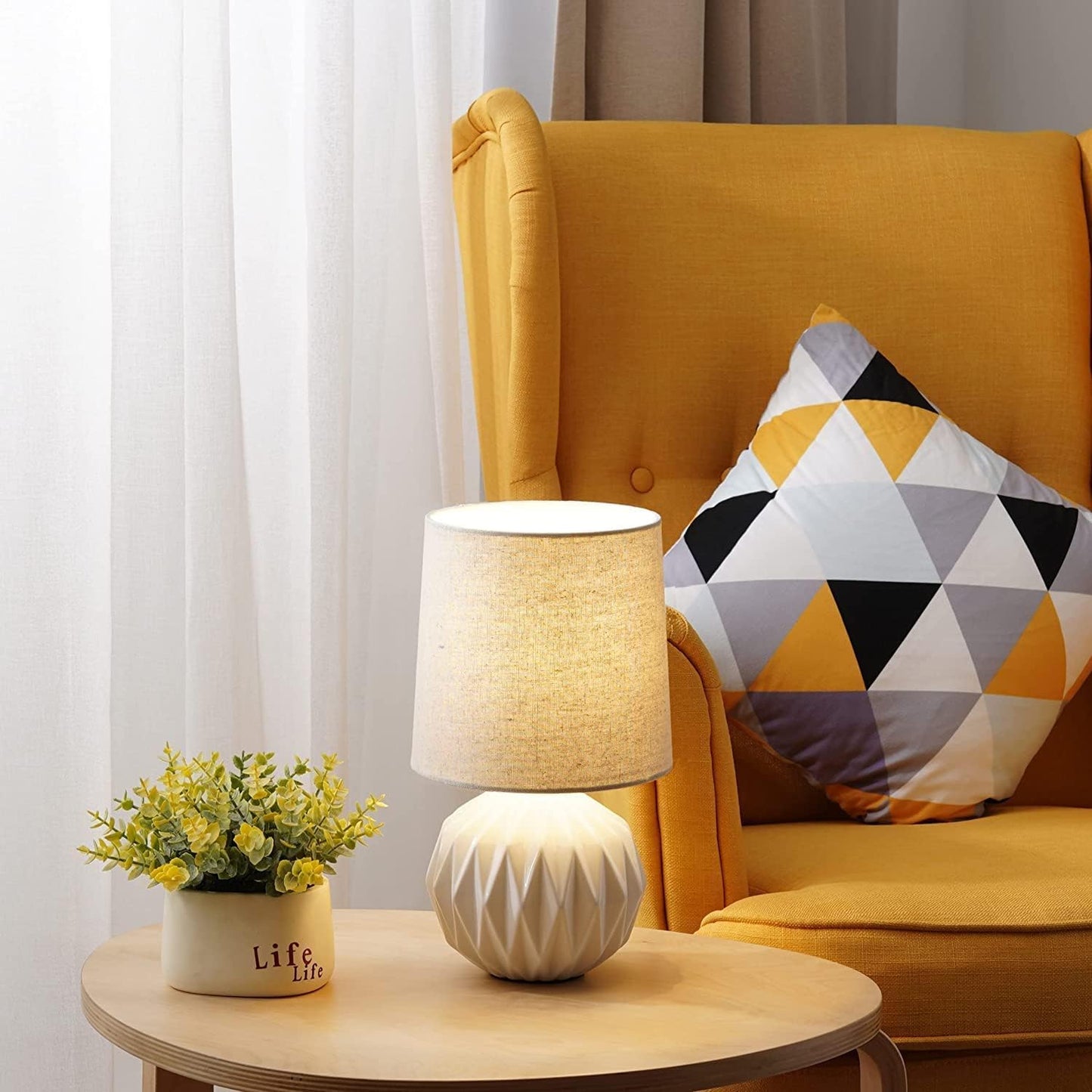 White Ceramic Table Lamp, Geometric Textured Small Bedside Lamp with Linen Shade, Mid Century Modern Nightstand Lamp for Bedroom Living Room Reading Room, H 12" x W 6.7", 7W LED Bulb Included