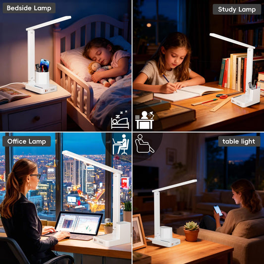 COZOO LED Desk Lamp with 2 USB Charging Ports,Type C Port,1 AC Outlet,2 Pen Holders,3 Color Temperature 3 Brightness Level,Touch/Memory/Timer,10W Eye Protection Foldable Reading Light,Study Lamp-White