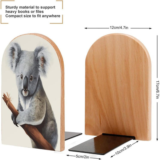 Koala and Butterfly Bookend for Shelves Wooden Book End Large Size Sturdy Book Holders Stoppers with Metal Base for Bookshelves Slick Decorative Bookends Stands