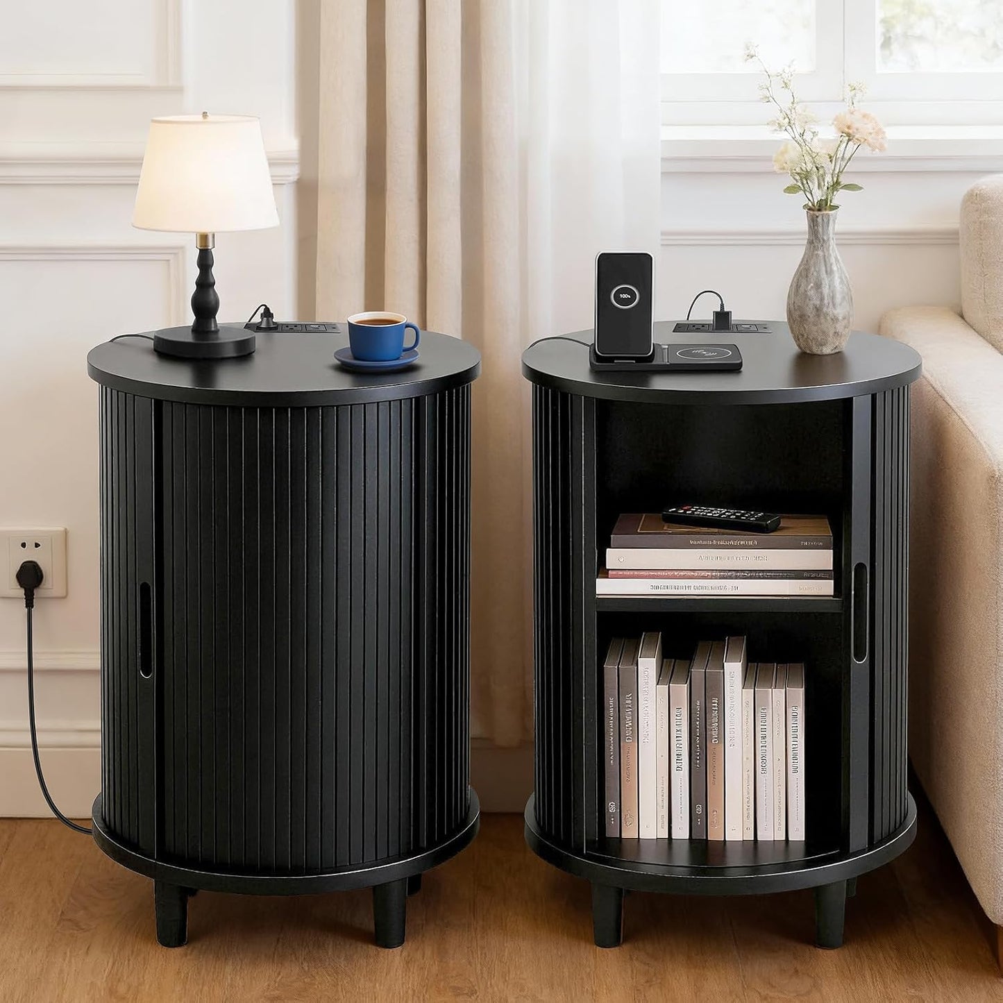 DHH Round End Table with Storage & Charging Station, Fluted Accent Side Table with Sliding Door & Adjustable Shelf, Mid-Century Nightstand for Small Spaces, Living Room, Bedroom (1, Black)