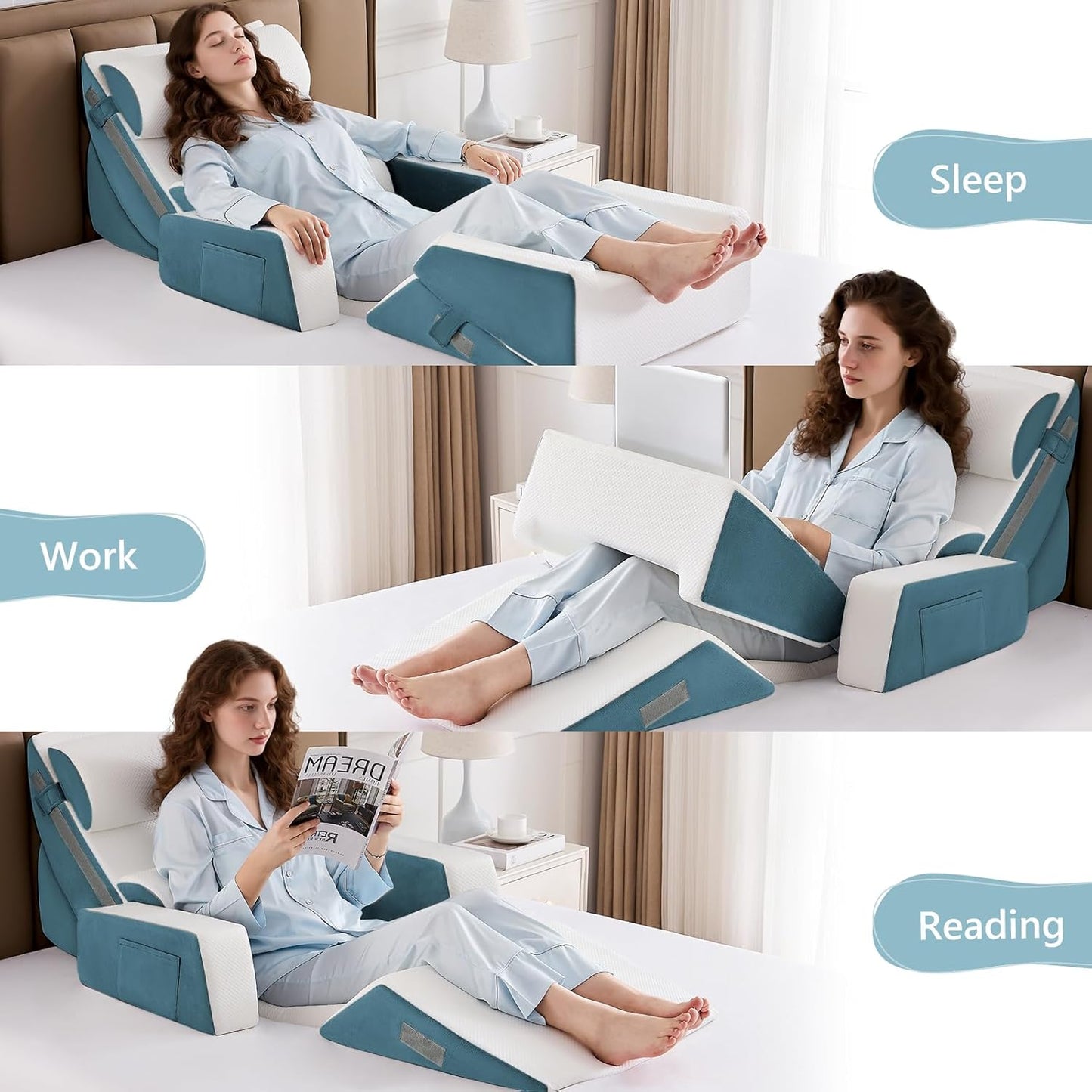 9PCS Wedge Pillow Set for After Surgery Recovery, Adjustable Memory Foam Neck Pillow, Foam Leg Pillow, Relieves Neck, Leg Pain, Sleep Apnea, and Functions as a Reading Pillow Blue