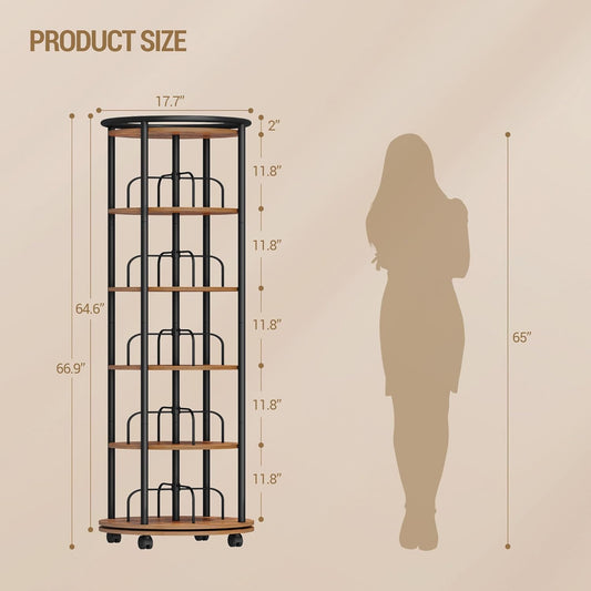 Rotating Bookshelf, 360° Spinning Bookshelf Tower, Display Revolving Bookcase, Round Book Shelf, Narrow Swivel Bookshelves for Small Space, Bedroom, Living Room, 6-Tier Rustic Brown, BC52101B