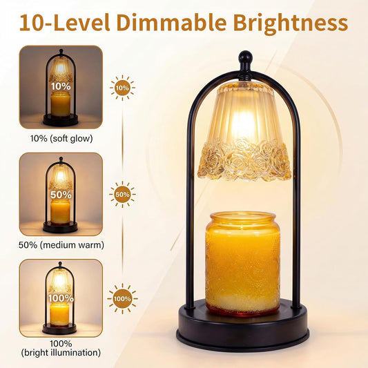 Vintage Rose Candle Warmer Lamp with Timer & Dimmer - Portable Iron Base, Amber Glass Shade, 2 Bulbs Included - Electric Wax Melter for Home Decor