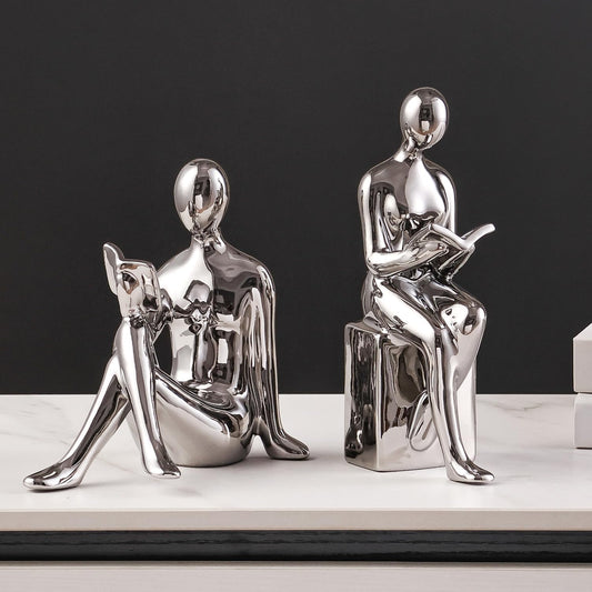 Ceramic Decorative Bookends, Book Ends for Shelves, Home Office Decor Aesthetic Statues Book Holders Stoppers for Bookshelf, Table, Bedroom Living Room Decoration (Silver)