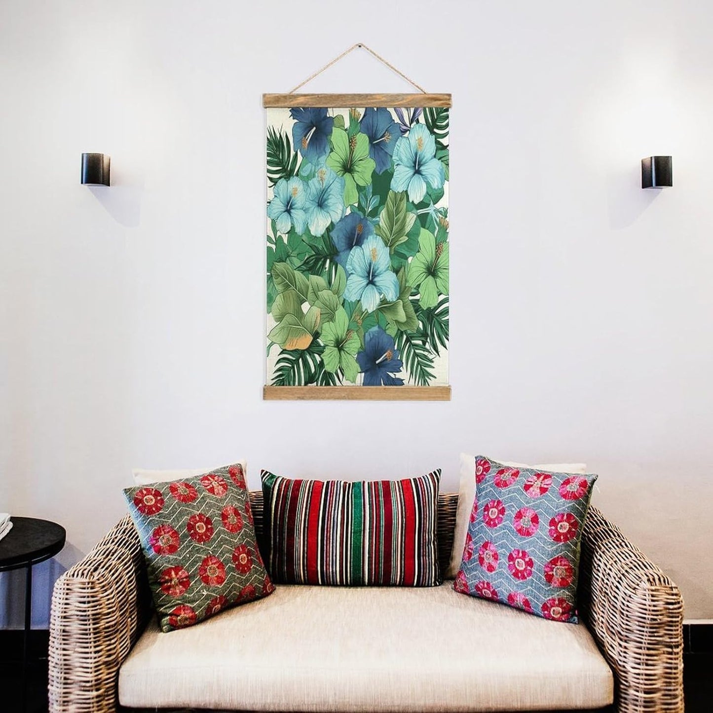 Vintage Green And Blue Hibiscus Flowers Poster with Wooden Frame Personalized Linen Hanging Scroll Painting Rustic Wall Hanging Illustrative Modern Artwork Decor for Home Living Room Bedroom Office