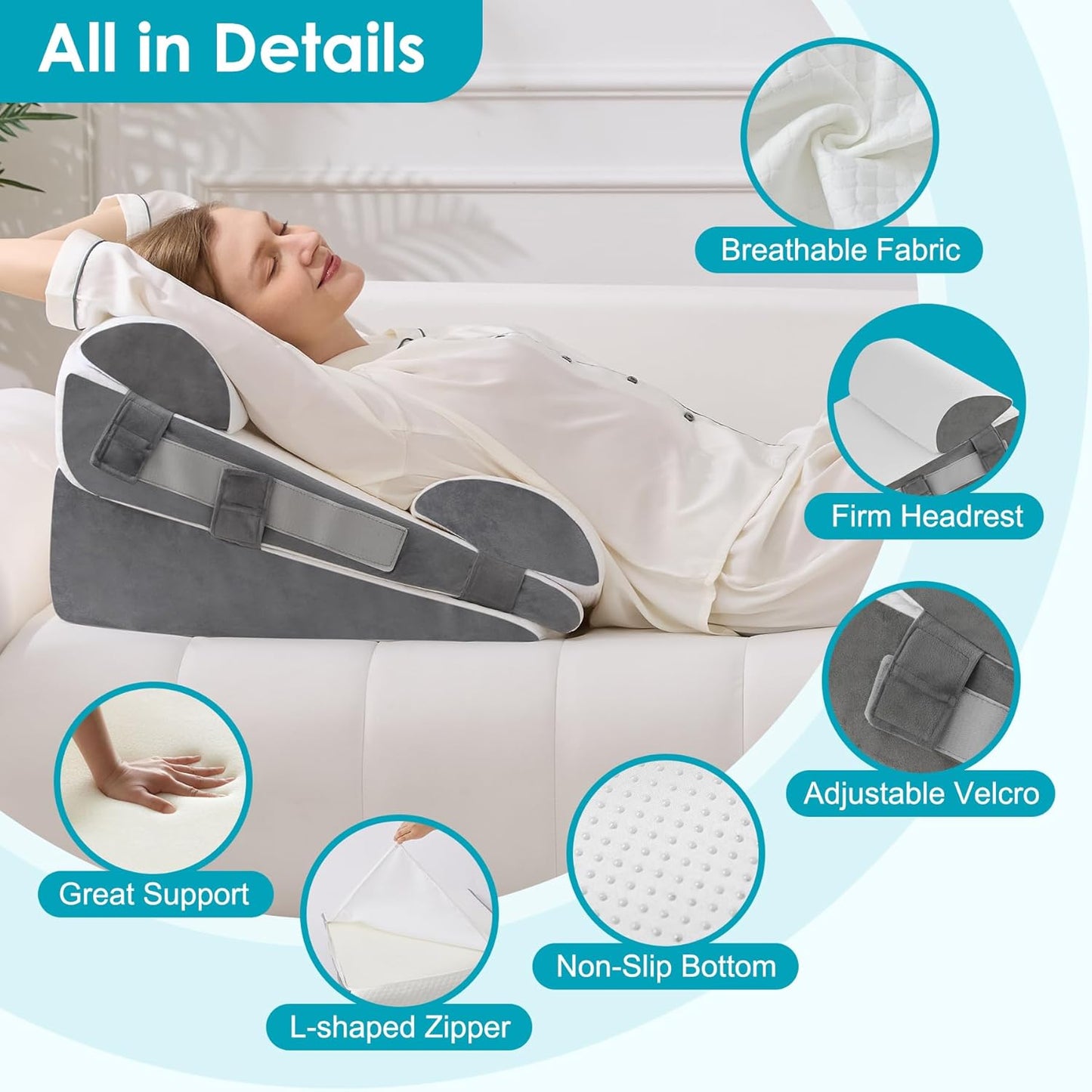 4Pcs Wedge Pillow Set for After Surgery,Acid Reflux Relief, Adjustable Bed Wedge Pillows for Sleeping,Anti Snore, Memory Foam Triangle Pillow for Back&Neck&Shoulder Pain Relief, White&Grey
