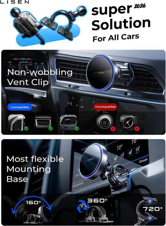 LISEN 15W MagSafe Car Mount Charger,Travel MagSafe Charger,Wireless Car Charger,Magnetic Phone Holder for Car,Phone Holders for Your Car Accessories for Women Men Jeep Ford for iPhone 17-12,Samsung