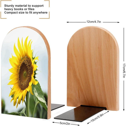 Bloom Sunflower Bookend for Shelves Wooden Book End Large Size Sturdy Book Holders Stoppers with Metal Base for Bookshelves Slick Decorative Bookends Stands