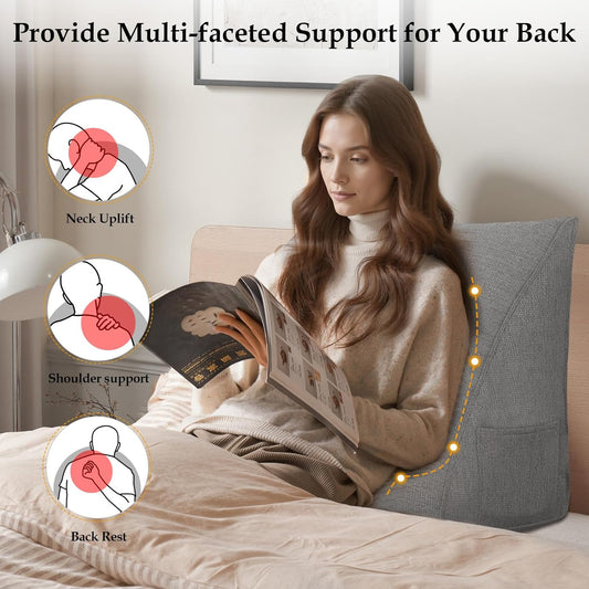 Wedge Headboard Pillow Reading Pillows for Sitting in Bed Adult Backrest Cushion with Removable Cover Side Pockets Sofa Grey