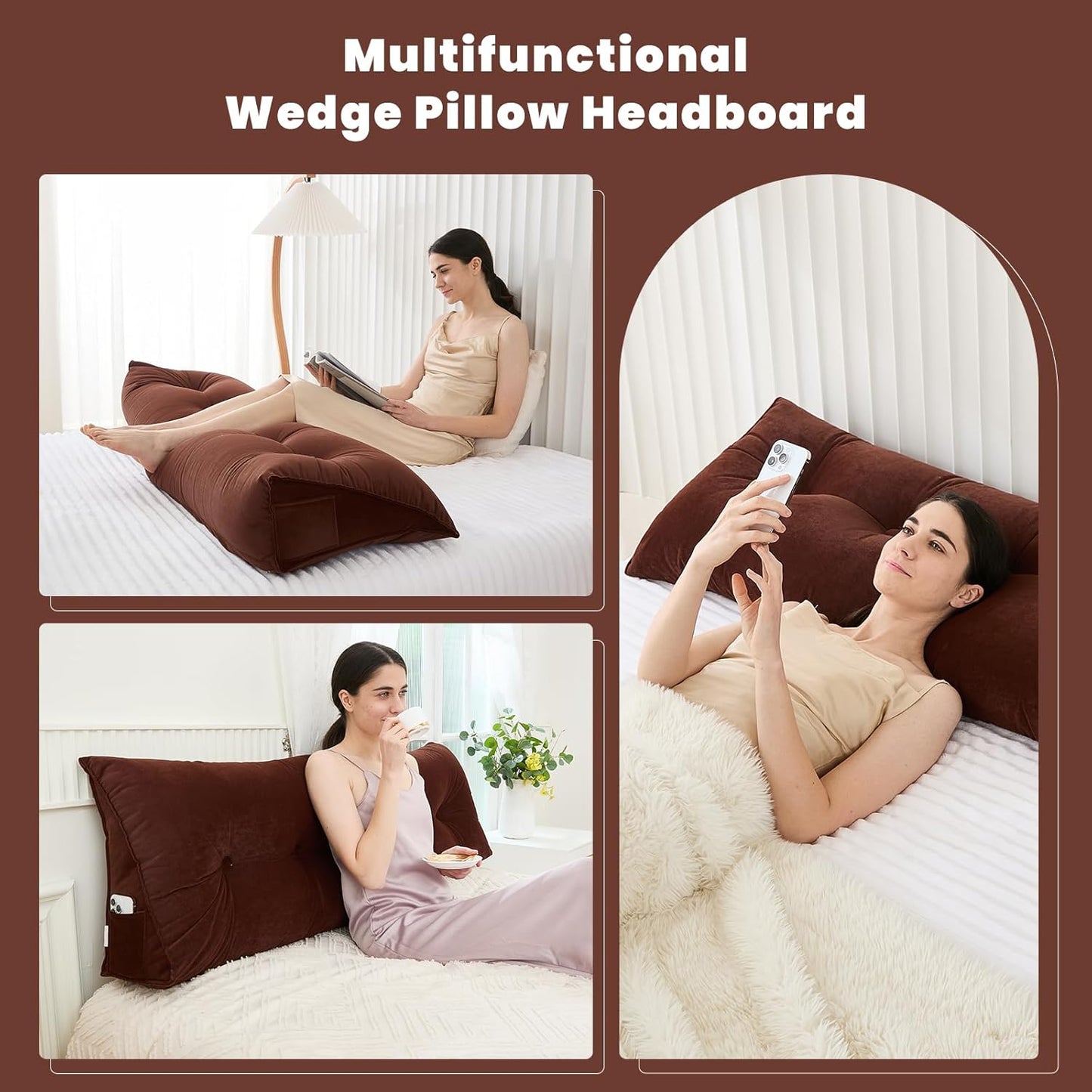 Headboard Pillow for Bed,Triangular Wedge Pillow Headboard Soft Support While Reading and Resting,Bed Bolster Cushion Headboard with Removable Cover,Coffee Brown,Twin (39"x8"x20")