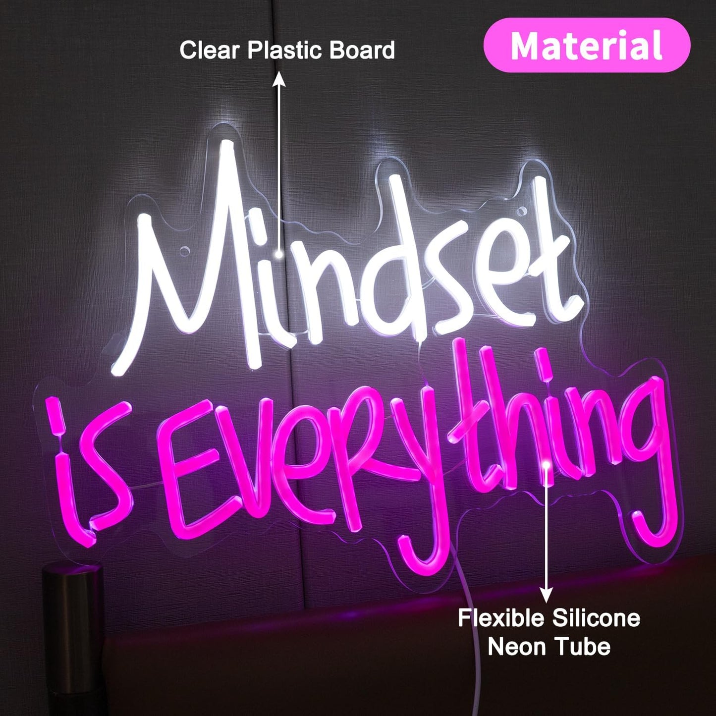 Mindset is Everything Neon Sign Dimmable LED Light Up Sign,USB Powered Positive Quotes Motivational Neon Light for decoration, back-to-school season, graduation season, student gifts