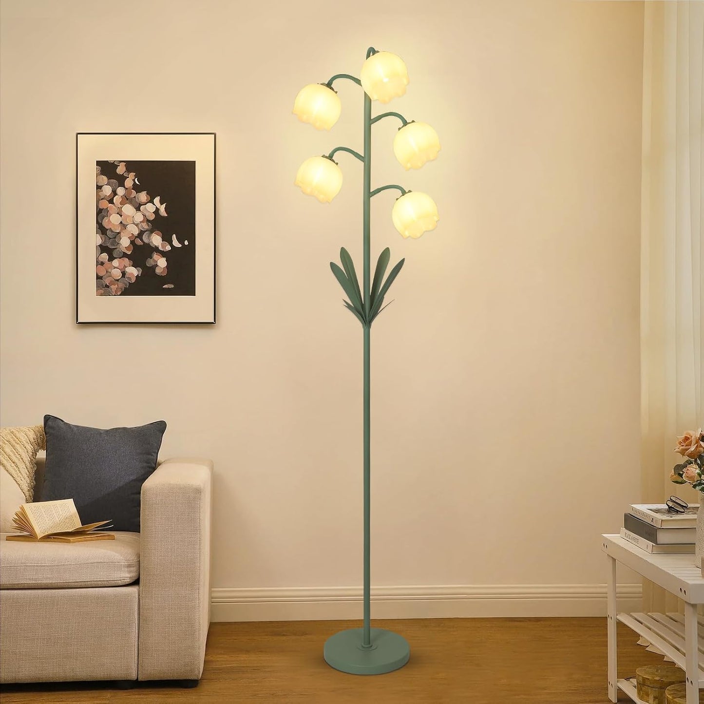 5-Lights Flower Floor Lamp with LED Blubs, Green Modern Floor Lamps for Living Room, Adjustable Standing Lamps for Bedroom Reading, Corner Tall Lamp Tree Stand Up Lamp for Office Home Decor