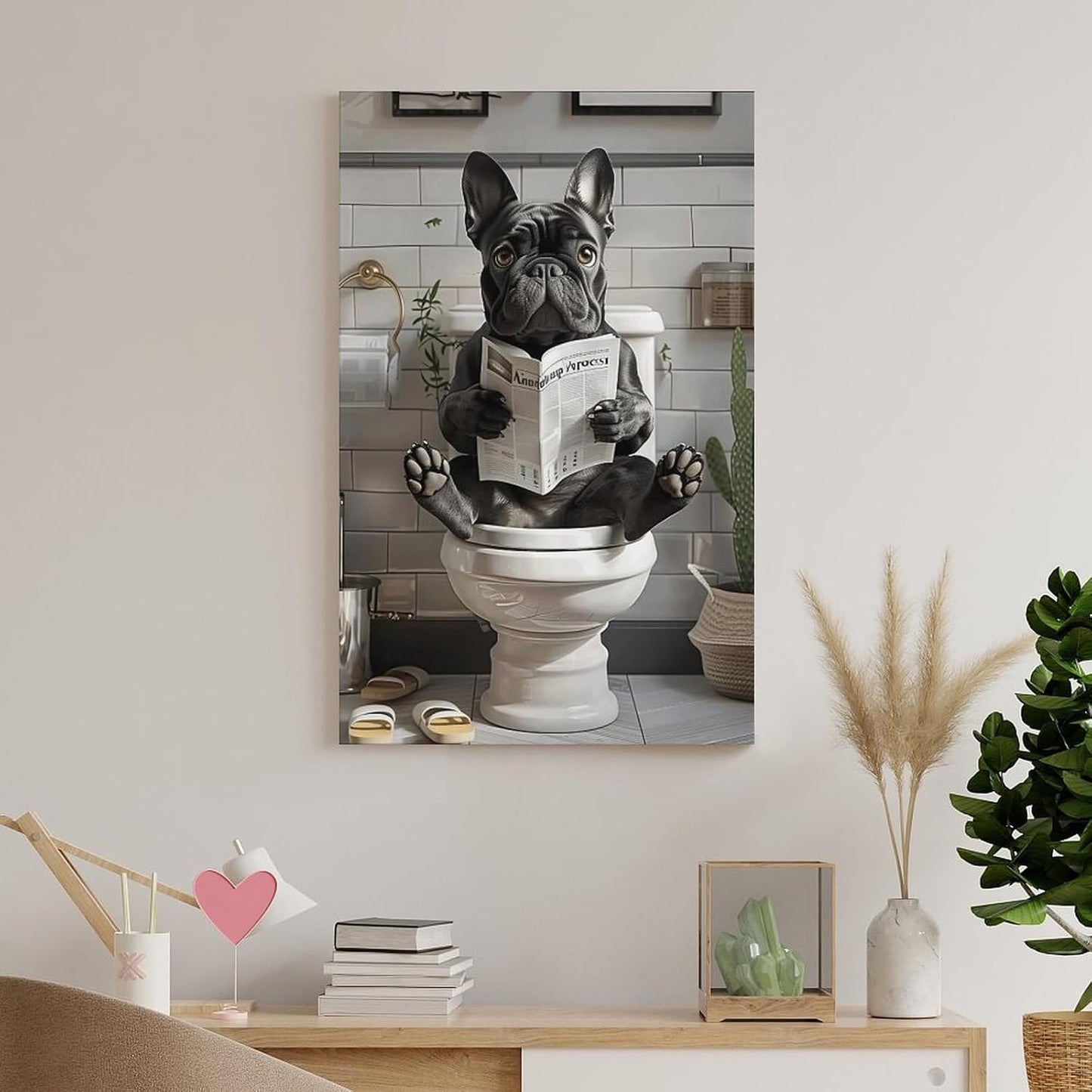 JHXNJDPOST Humorous French Bulldog Poster on Toilet Reading Newspaper Canvas Wall Art Aesthetic Decorative Painting Living Room Restaurants, Pool Halls And Hotelsstyle-13 12x18inch(30x45cm)