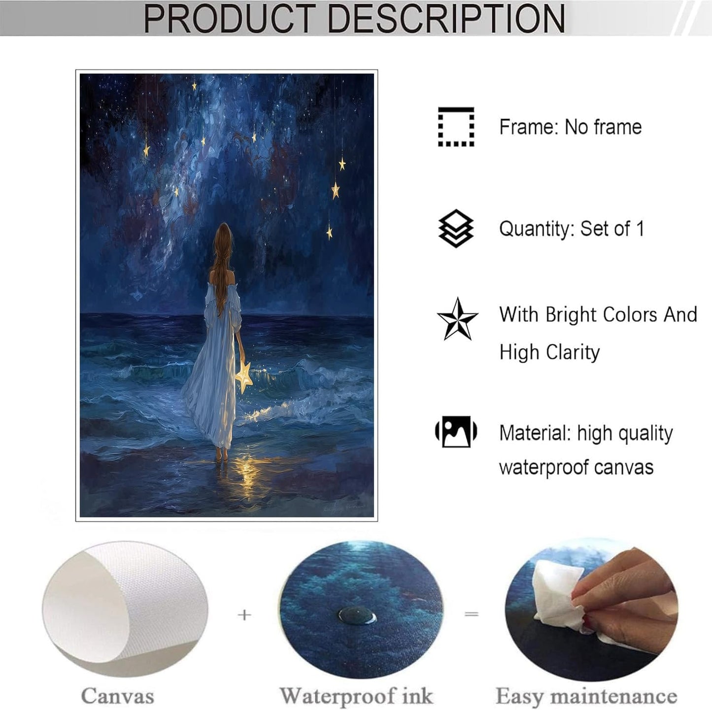 GDJSMIN Vast Starry Sky Wall Art, Beach Girl In White Poster for Reading Room Living Room Decor 24 x 36 inch Unframed