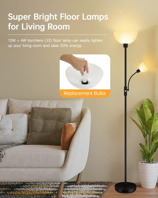 Floor Lamps for Living Room Black, 71" Tall Pole Bedroom Light, Bright Floor Lamp with Adjustable Reading Light, Simple Standing Lamp, White Plastic Lampshade, 3-Way Rotary Switch, Modern Mid-Century