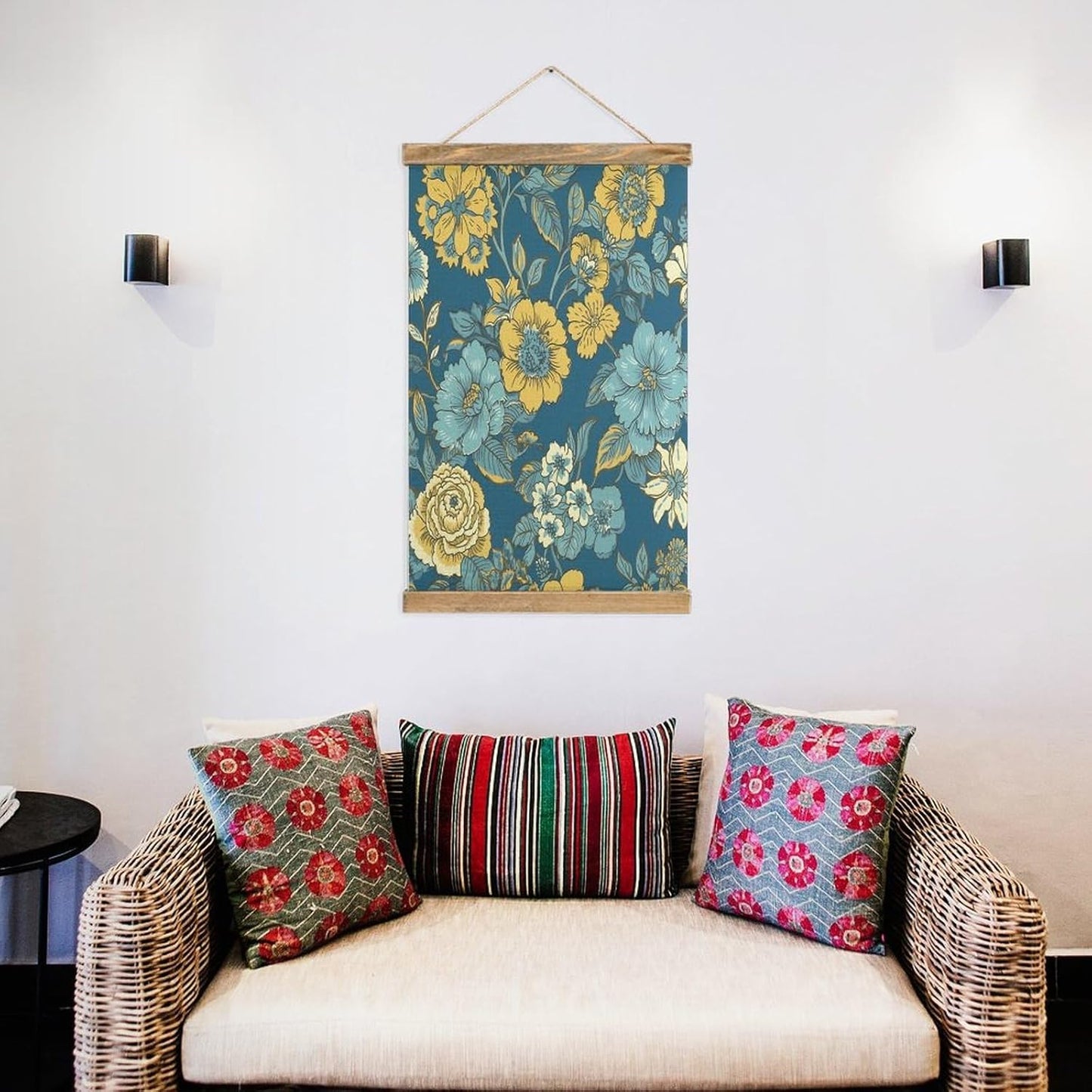 Vintage Blue And Yellow Flowers Poster with Wooden Frame Personalized Linen Hanging Scroll Painting Rustic Wall Hanging Illustrative Modern Artwork Decor for Home Living Room Bedroom Office