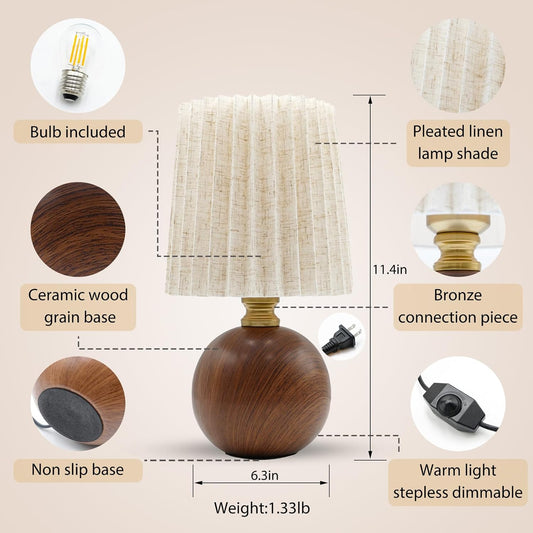 Small Pleated Table Lamp for Bedroom, Bedside Lamps for Nightstand, Dimmable Desk Lamp Ceramic Wood Grain Base Round Flaxen Fabric Shade for Living Room, Kids Room, LED Bulb Included (Modern)