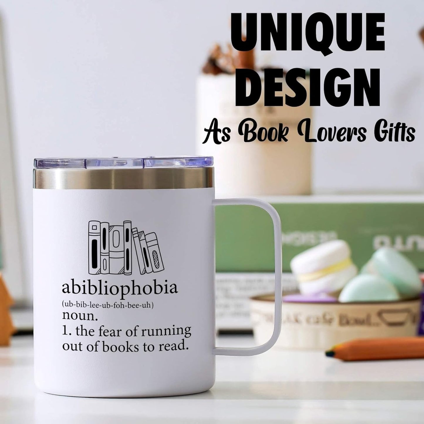 Onebttl Book Lovers Gifts For Women, Men - Abibliophobia - 12 oz /350 ml Insulated Mugs - Reading Gift for Book Worm, Librarians, Readers - (White)