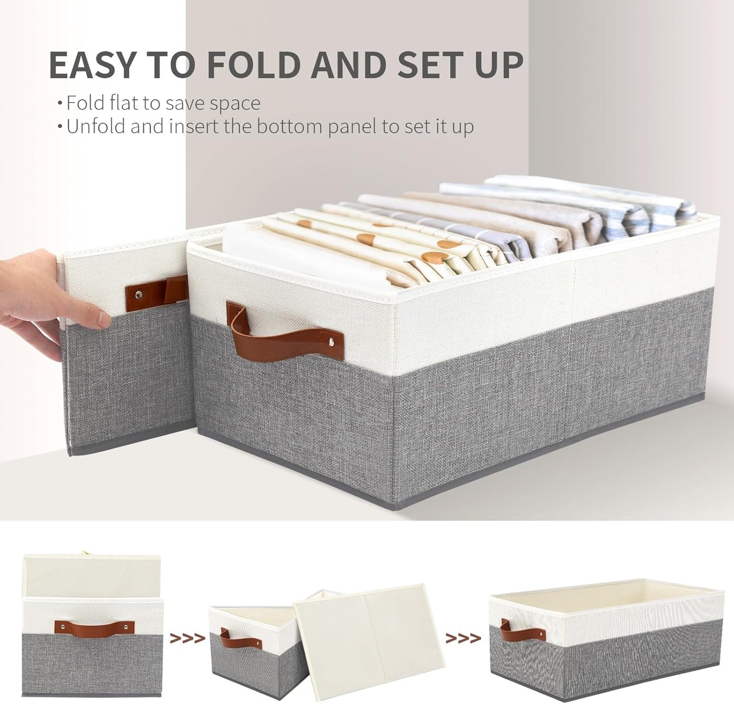 3 Pack Large Capacity Storage Bins Closet Organizer for Shelves, Fabric Closet Storage Baskets Boxes with Leather Handles for Organizing Clothes, Sheets, Jeans, Toys, Books (Grey)
