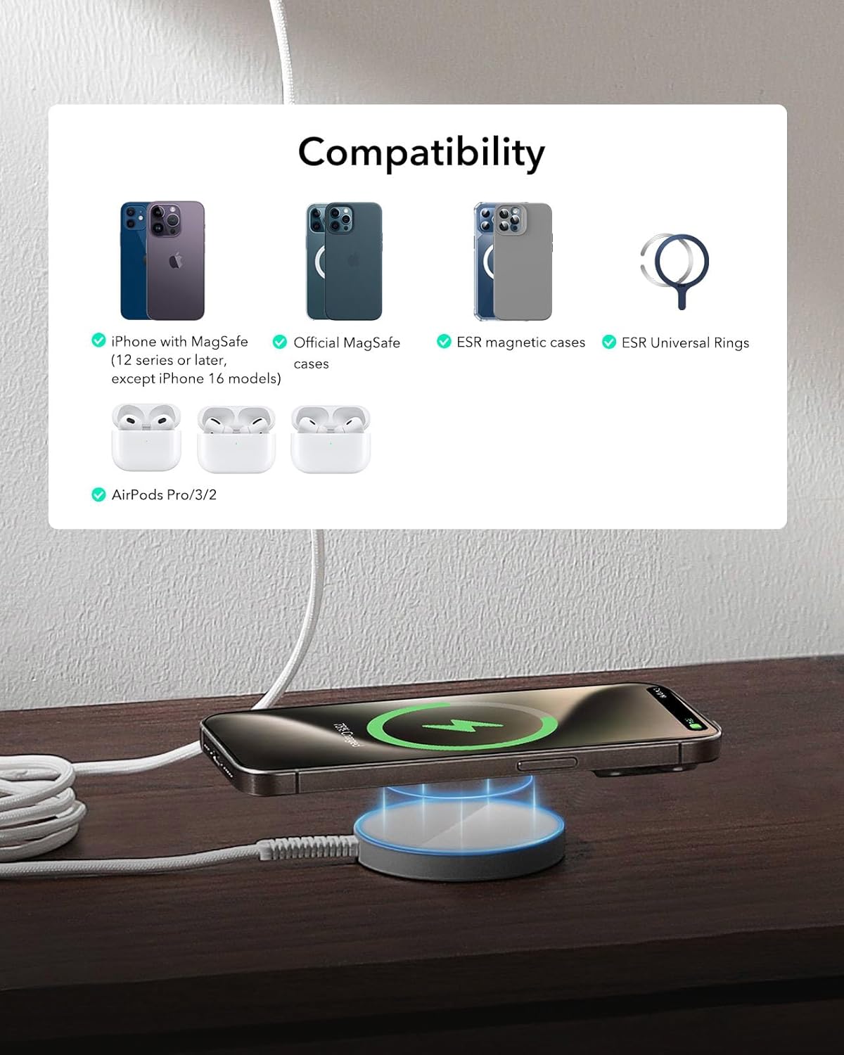 ESR for Magsafe Charger, 15W Wireless Charger, Wireless Charging Pad for iPhone 15/14/13/12, AirPods 4/3/Pro/Pro 2, Galaxy S25, Strong Magnetic Charging Pad with Type-C Cable, Silver