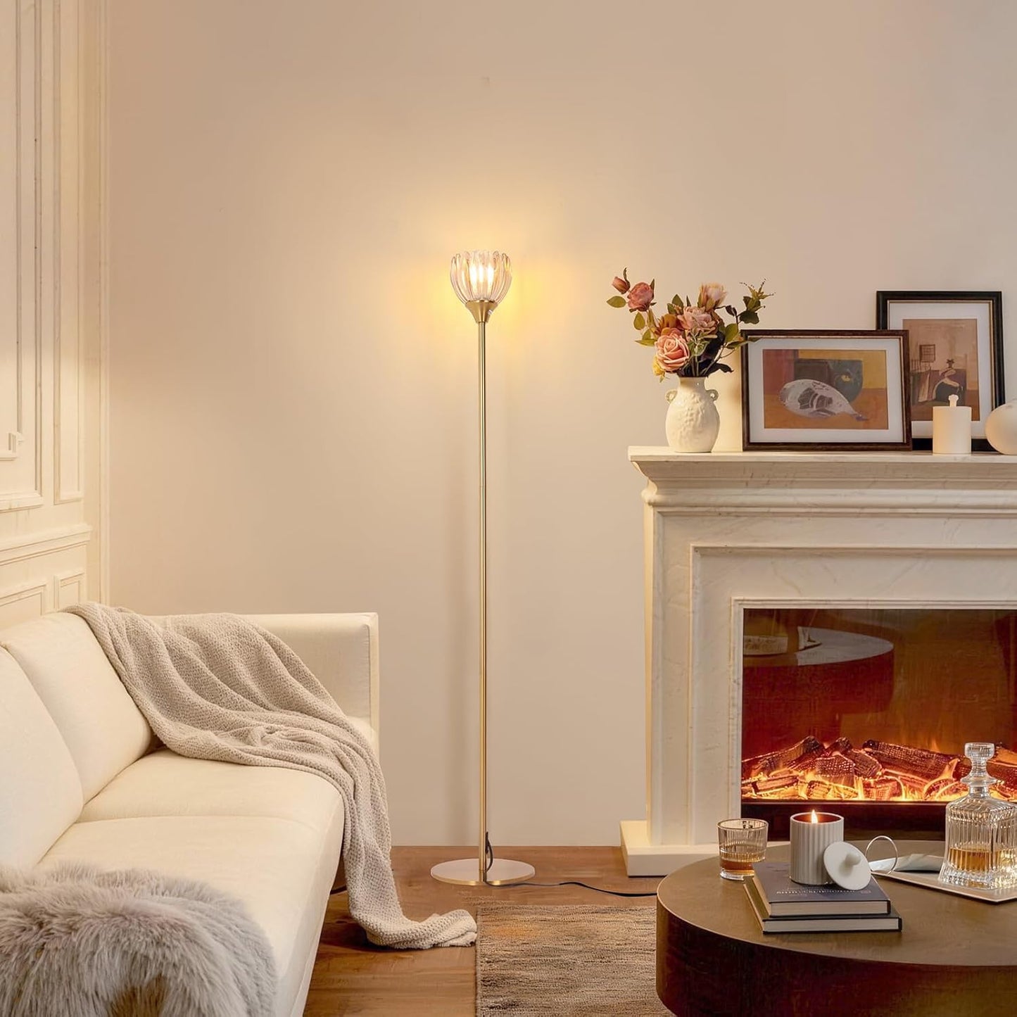 Floor Lamps for Living Room, Bedroom, Gold Standing Lamp with 12W Bulb, Vintage Floor Lamp for Reading, Nursery, Corner (Amber Tulip)