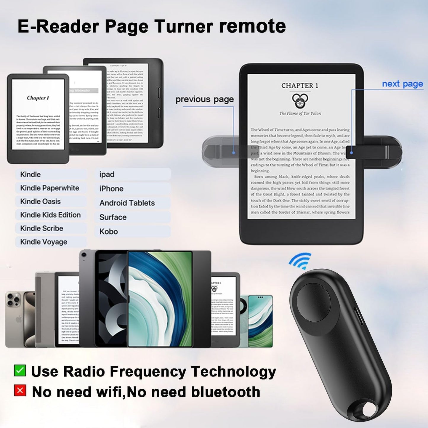 RF Remote Control Page Turner for Kindle Paperwhite Accessories Ipad Reading Kobo Surface Comics/Novels Tablets Android Taking Photos Camera Video Recording Triggers(Black)