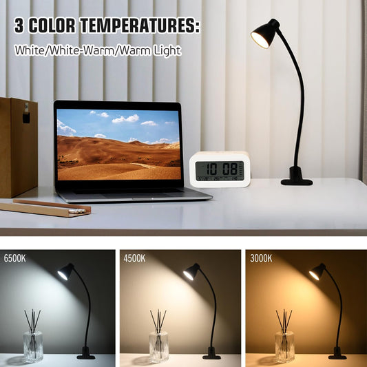 CRI 90+ Clip on Reading Light, Small Clamp on Desk Lamp, 3000K-6500K Adjustable Color Temperature, Gooseneck Bed Clip Light for Headboard(Adapter Included)