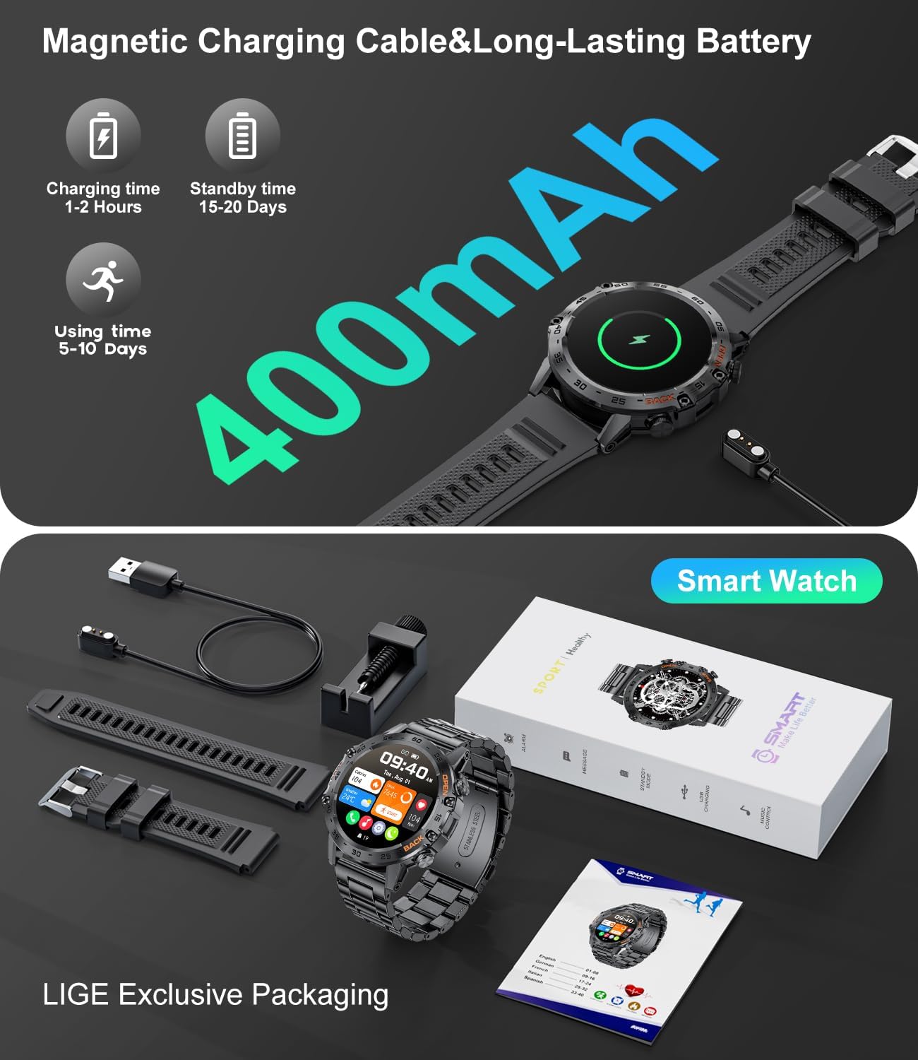 SUNKTA Military Smart Watch for Men(Answer/Dial Calls),100 Sports Modes, 5ATM Waterproof Fitness Watch with Heart Rate/SpO2/Blood Pressure for Android and iOS,1.39''HD DIY Screen Smartwatch Black