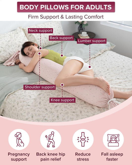 Full Body Pillow for Adults,55 Inch Long Bed Pillow, Candy Round Hugging Bolster, Firm Support for Side Sleepers, Adjustable Height with Washable Cotton Pillowcase, Pink