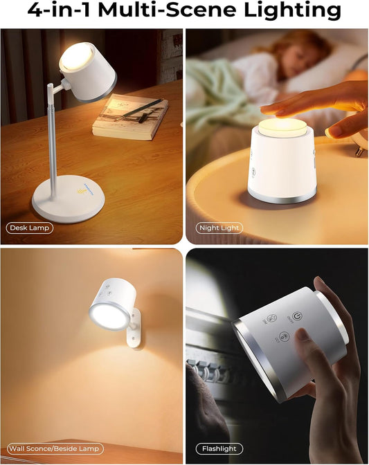 Modular LED Desk Lamp for Home Office, Eye-Caring Table Lamp Dimmable Rechargeable with 360°Adjustable Head, 3 Color Temperatures & Stepless Brightness, Touch Control & Memory, Multi-Scene Use, White
