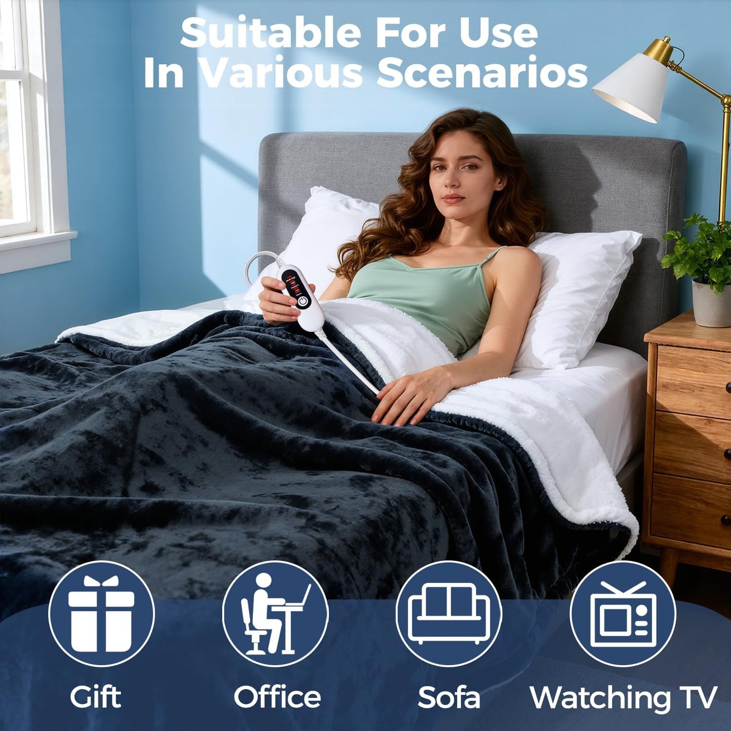 Electric Heated Blanket, Soft Flannel Fabric Heating Blanket Features 5-Level Temperature Adjustment Machine Washable ETL Certified Double-Sided Heating