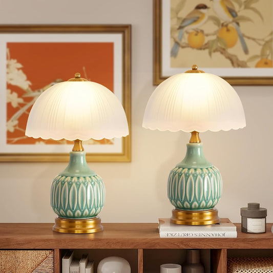 Vintage Lamp for Living Room,15.7" High 9.8“Wide Modern Ceramic Table Lamps for Bedroom,Retro Bedside Nightstand Traditional Lamps, Classic Chinoiserie Green Lamp for Home Decor