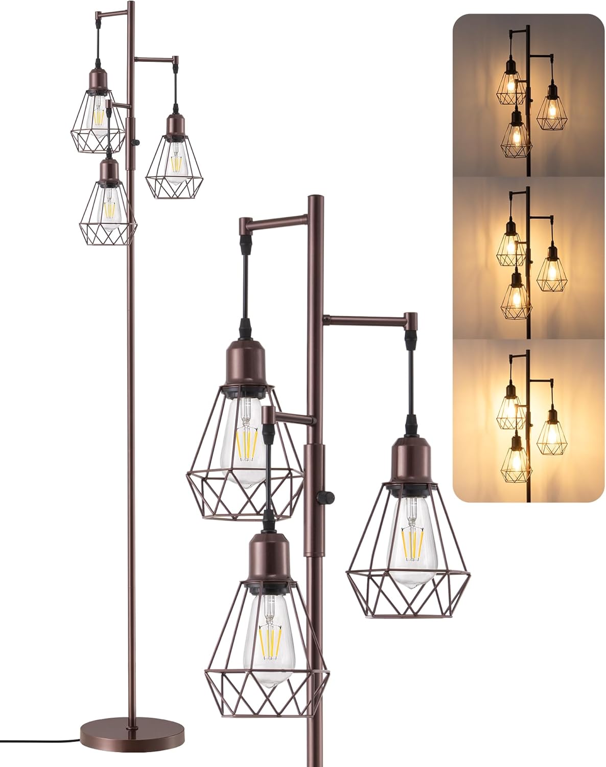 EDISHINE 70IN Industrial Floor Lamps for Living Room, Dimmable Farmhouse Corner Reading Lamp, Diamond-Shaped Lampshade, 3 LED Edison Bulbs Included, Rustic Tree Standing Lamp for Bedroom, Brown