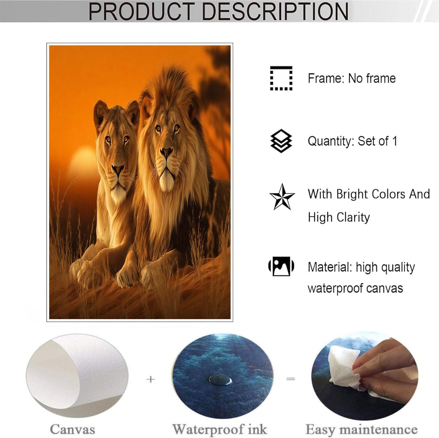 GDJSMIN Realistic Art Style Wall Art, Orange Sunset Lion Poster For Reading Room Living Room Decor 24 X 36 Inch Unframed