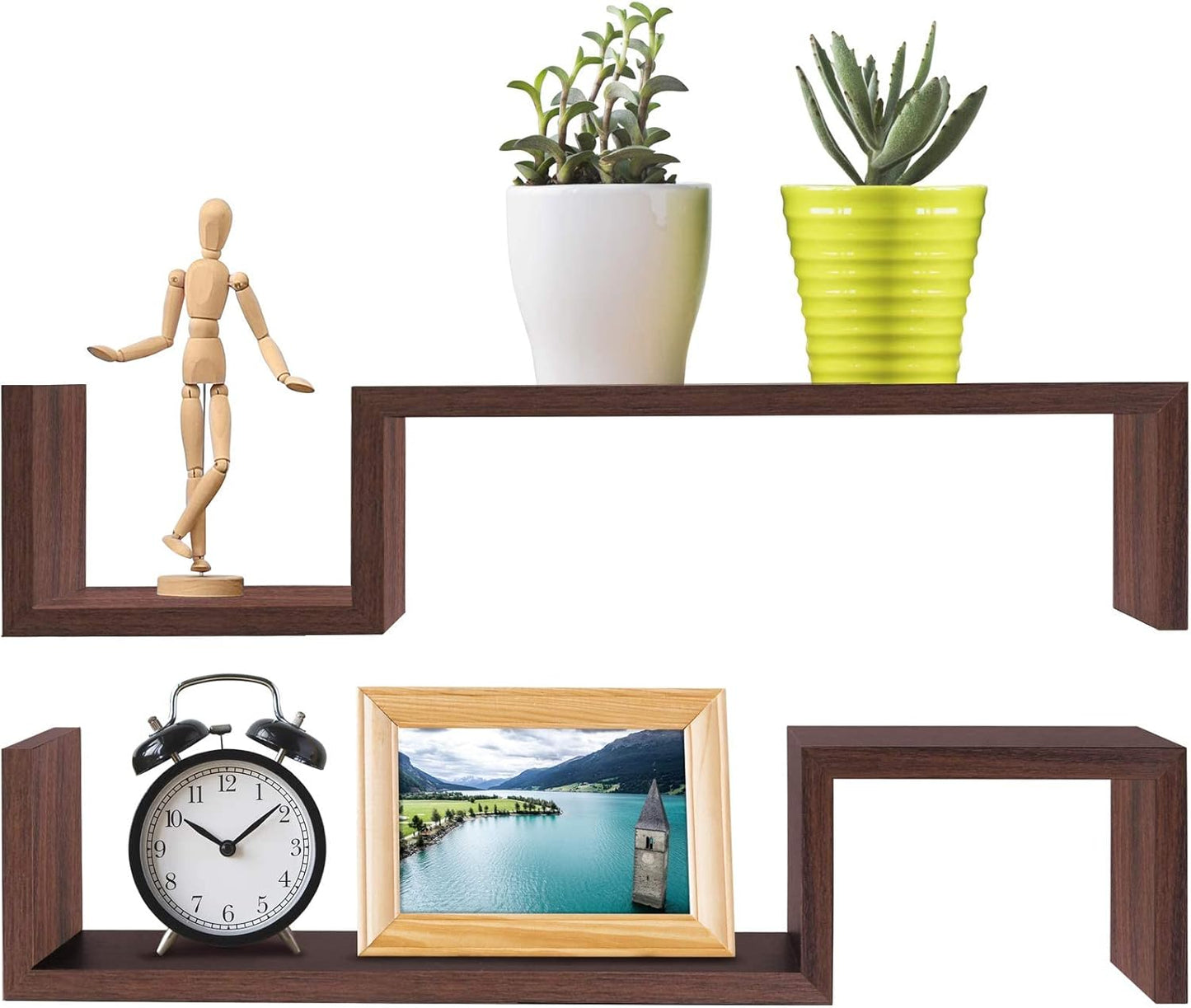 Greenco Set of 2 Decorative S Shaped Wall Mounted Floating Shelves- Walnut Finish
