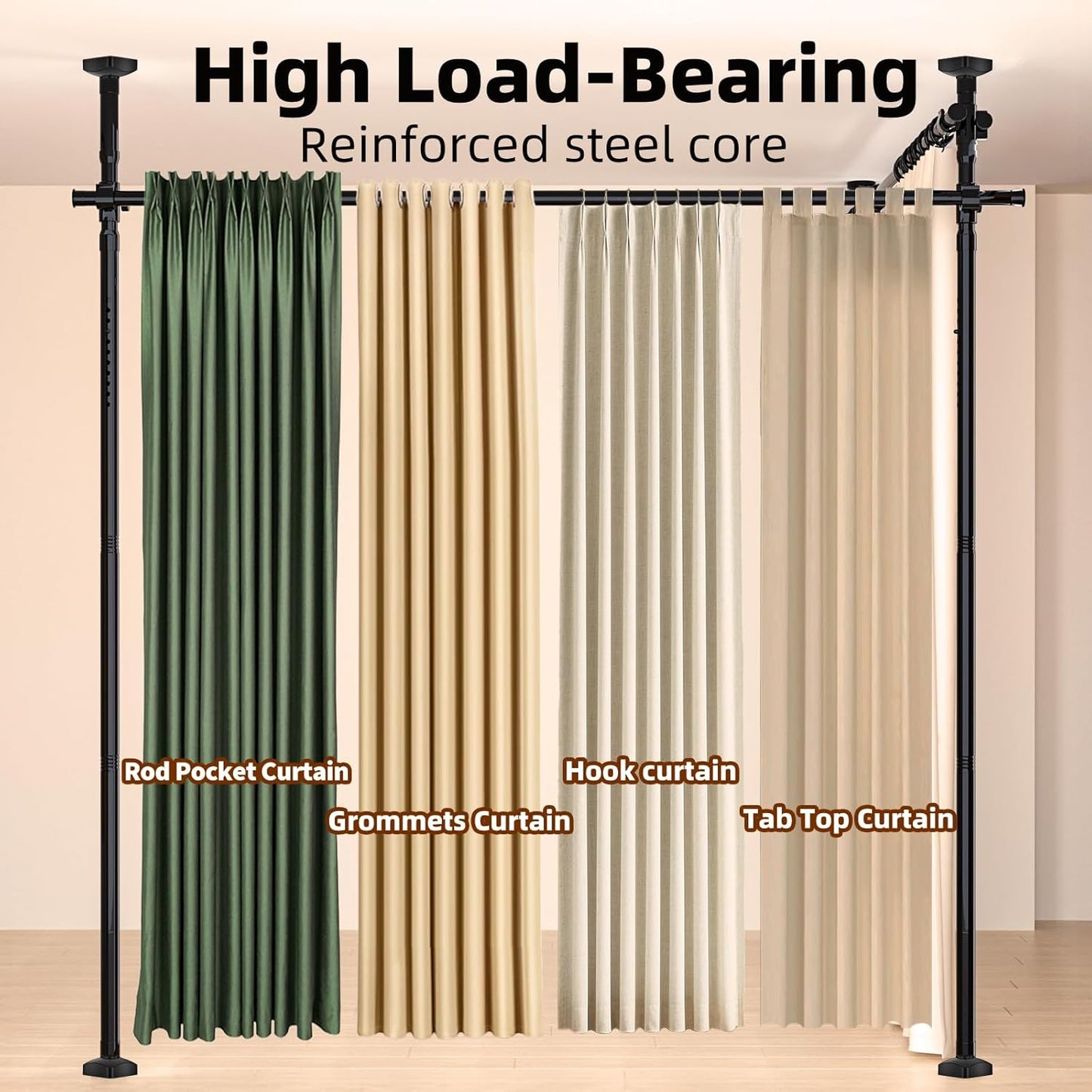 Room Divider, Tension Curtain Rod No Drilling,4-10ft(H) 28-140inch(W) Wall Divider for Room Separation, Heavy Duty Room Partition Separator, Adjustable Folding Privacy Screens,Black