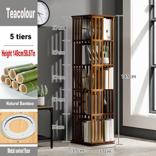 5-Tier Rotating Bamboo Bookcase - 360° Bookshelf Tower, Freestanding Storage Organizer for Bedroom, Living Room, Office - Stylish Corner Cabinet Book Rack