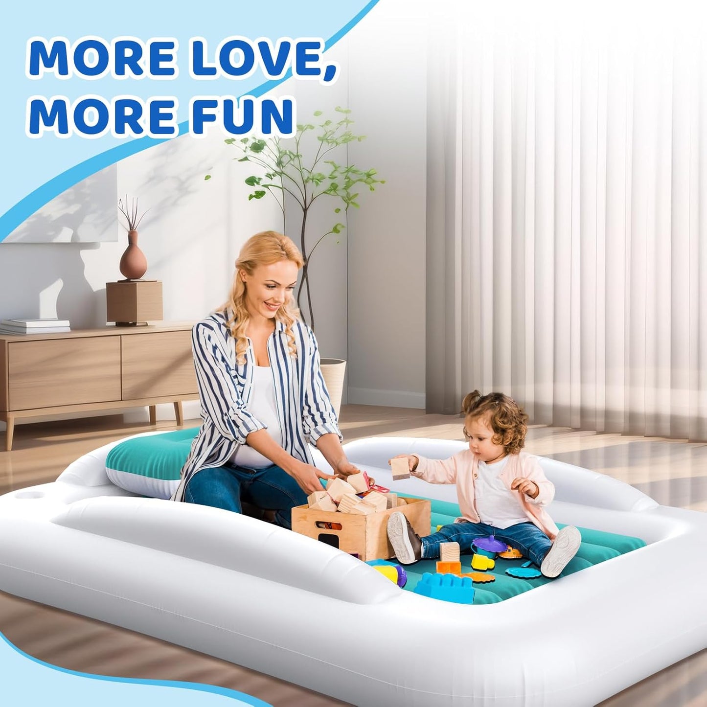 Inflatable Toddler Travel Bed - 60 Inches Portable Toddler Bed for Travel with Safety Sides - Cozy Kids Air Mattress Set with High-Speed Pump & Carry Case - Easy to Inflate(Teal Blue)