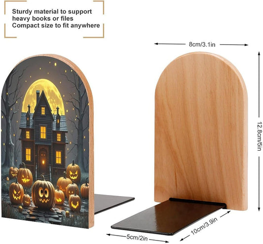 Halloween Night Bookends 1 Pair Heavy Duty Book Ends for Shelves Non-Skid Bookend Supports Wooden Book Holders with Metal Base Desk Organizers Books Storage to Hold Books