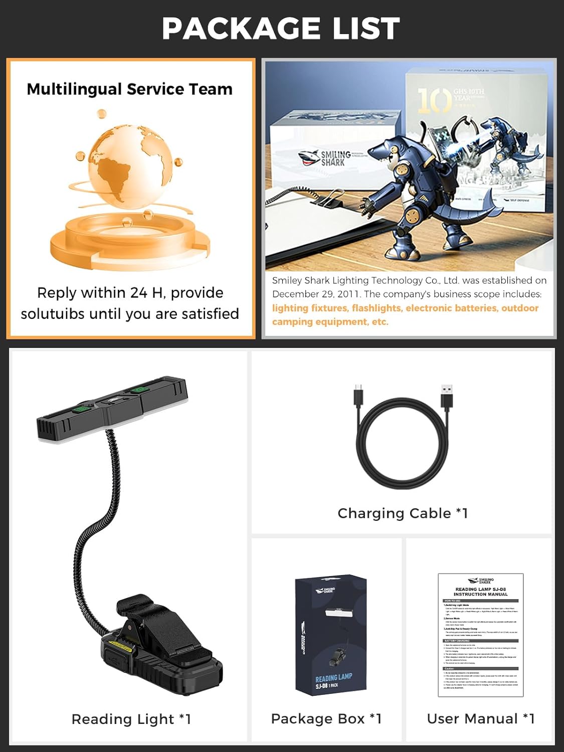 Smiling Shark Reading Lamp, 1200 mAh Rechargeable LED Books Light Motion Sensor 3 Color Temperature 6 Lighting Mode Portable Eyes Caring Clip On Reading Light with Adjustable Goose Neck for Book Study