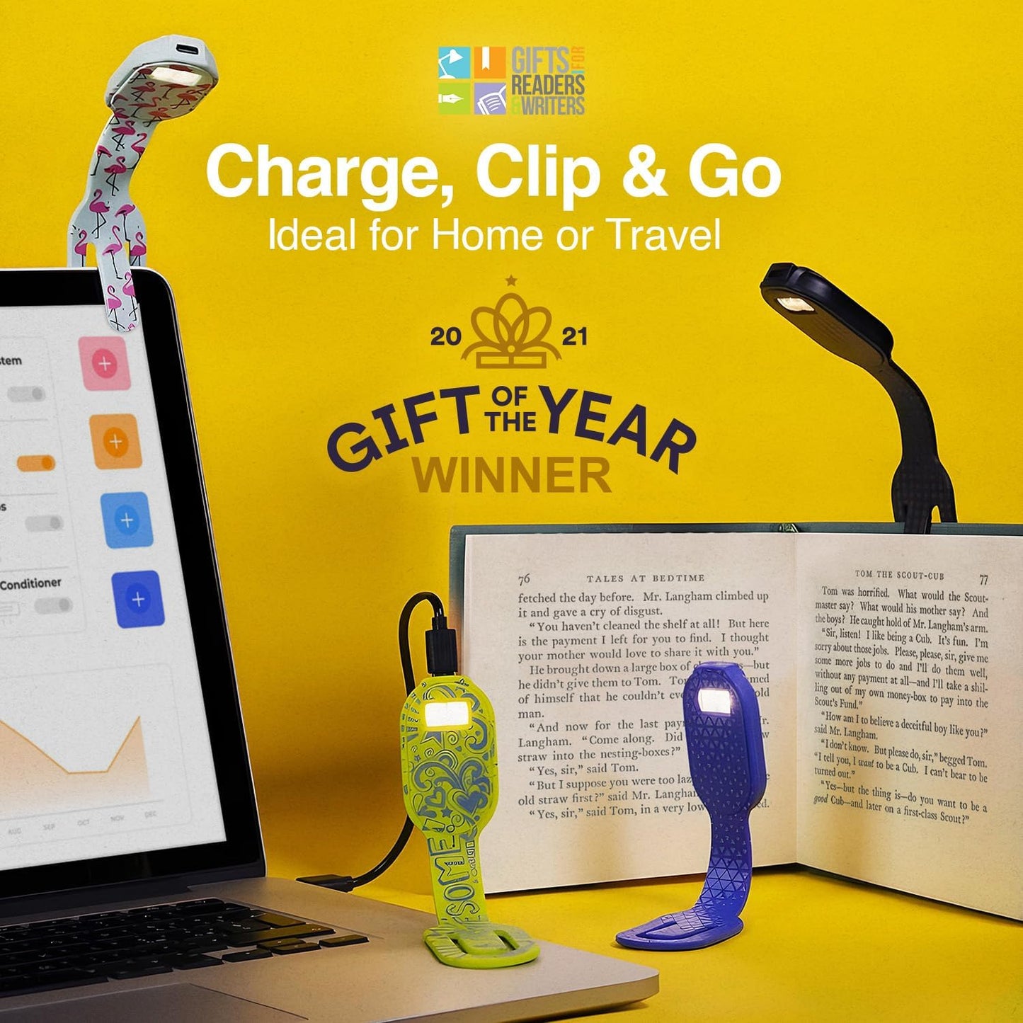 Gifts for Readers & Writers Rechargeable Book Light, Clip On Reading Light for Bed, 2in1 Flexilight & Bookmark, 12 Hours of Light Once Charged, Includes USB Cable & 2 LED Lights, Blue Words