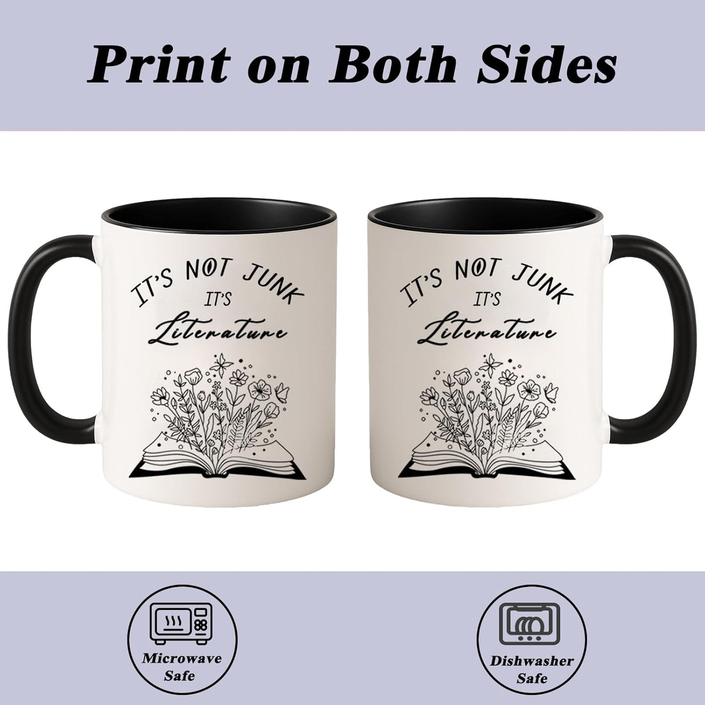 Funny Book Lover Coffee Mug, “It’s Not Junk It’s Literature” Ceramic Cup Gift for Readers, Writers, Teachers, Students, Bibliophiles, Book Club, Office Desk, 11 oz Novelty Cup