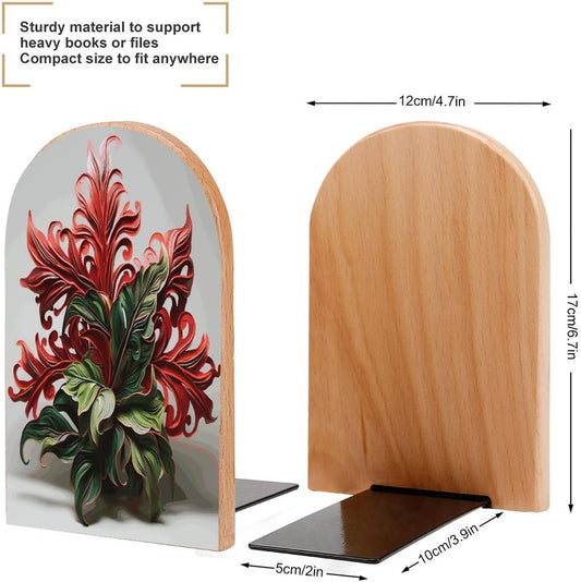 Red and Green Flowers Wooden Bookend Non-Slip Book Ends Heavy Duty Book Stopper with Metal Base Books Holderd Decorative Bookends Stands Firmly for Office Supplies
