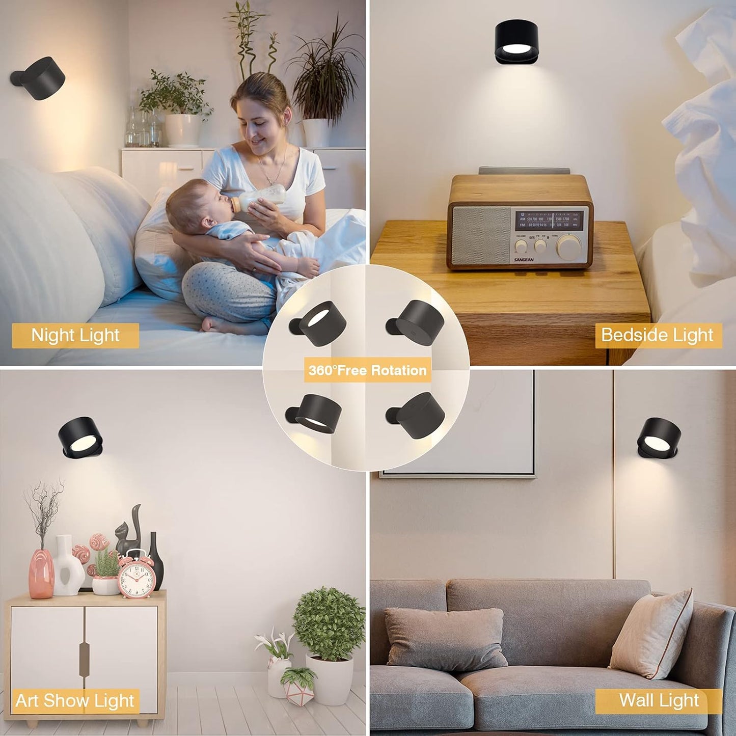 Koopala LED Reading Lights, Wall Mounted Sconces with 3 Color Temperatures & 3 Brightness Levels Rechargeable Battery Magnetic Ball 360°Rotation Touch Control, Lamps for Kids Study Bedside Closet