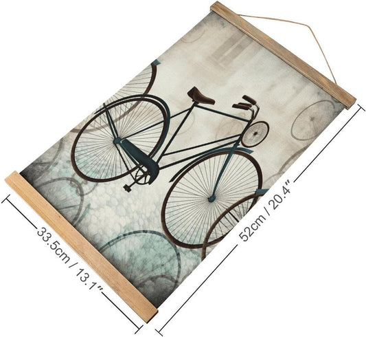 Vintage Retro Bicycle Poster with Wooden Frame Personalized Linen Hanging Scroll Painting Rustic Wall Hanging Illustrative Modern Artwork Decor for Home Living Room Bedroom Office