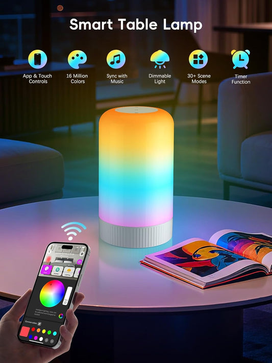RGBICWW Smart Table Lamps, Touch Bedside Small Table Lamp, LED Desk Lamp with 30+ Scenes & 16M Colors, App & Touch Control, Color Changing Lamp for Bedroom Living Room Dimmable Night Light, Black
